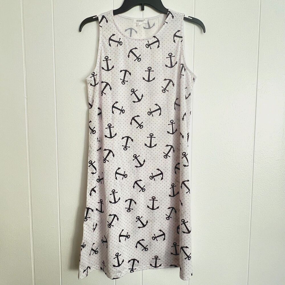 Exist White w/Red Polka Dot & Black Anchors Crew Neck Sleeveless Dress S NWOT